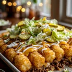 Close-up of Big Mac tater tot casserole with layers of beef, melted cheese, crispy tater tots, shredded lettuce, and pickles drizzled with sauce.