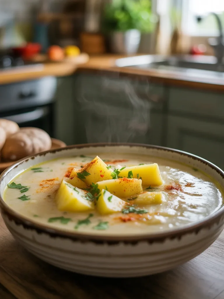 Creamy Cajun potato soup topped with paprika and parsley, served warm in a rustic kitchen.