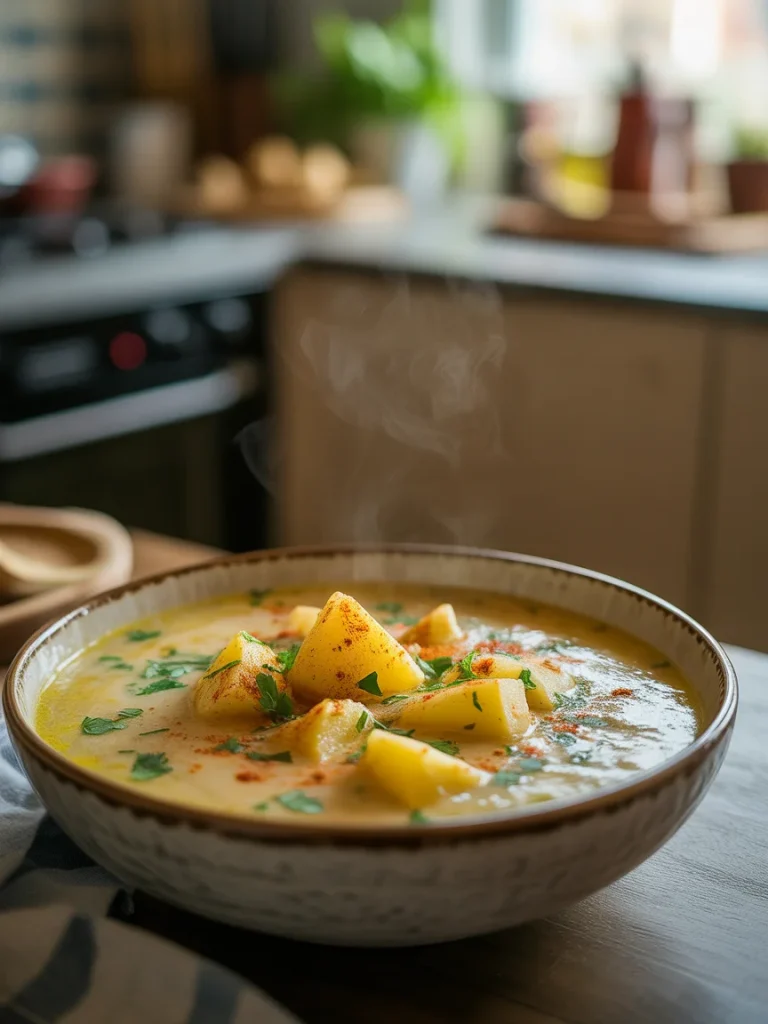 Bowl of steaming Cajun potato soup garnished with paprika and fresh herbs in a cozy kitchen setting.