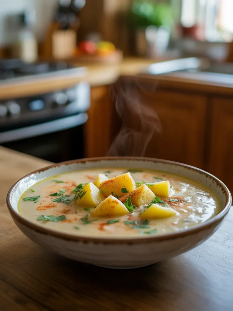 Bowl of creamy Cajun potato soup garnished with paprika and fresh parsley in a cozy kitchen setting.