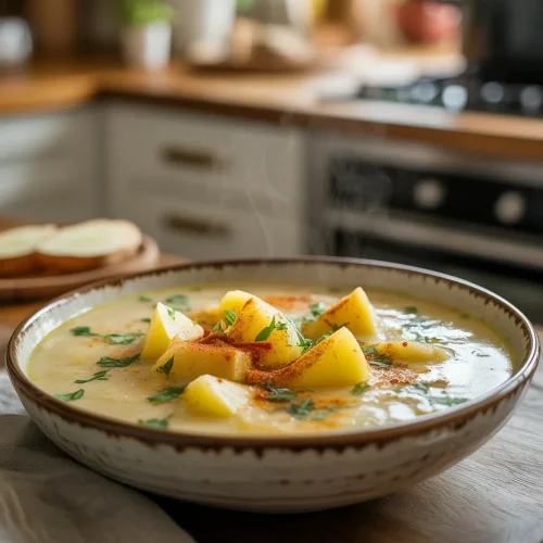 Bowl of creamy Cajun potato soup topped with paprika and parsley on a wooden kitchen counter.