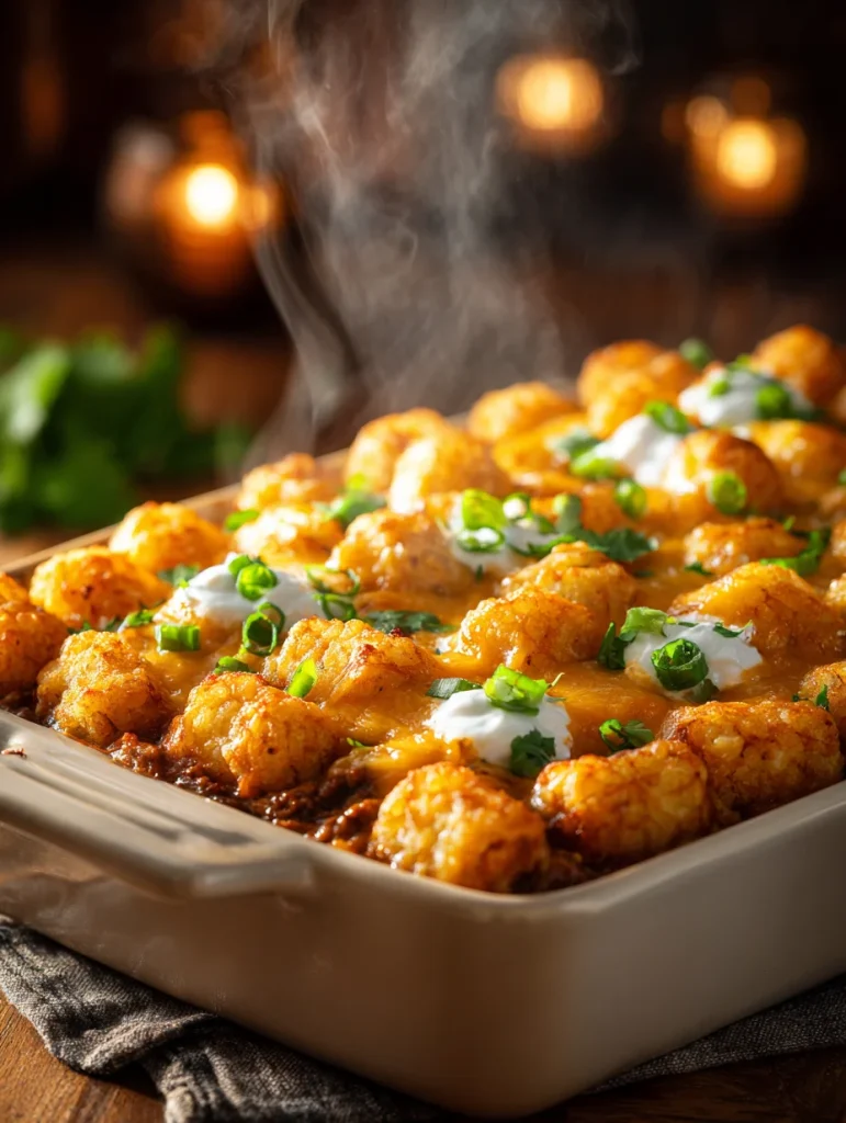 Golden chili tater tot casserole topped with melted cheese, sour cream, and chopped green onions.