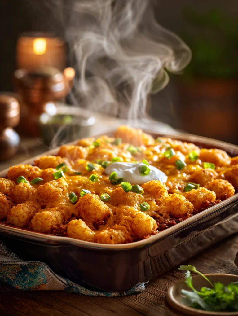 Hot and cheesy chili tater tot casserole topped with melted cheddar, green onions, and sour cream.