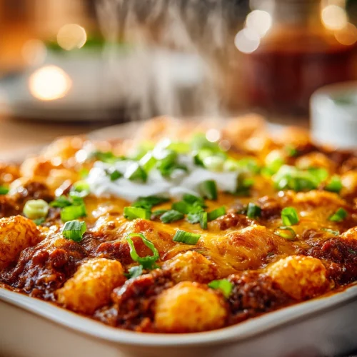 Steaming chili tater tot casserole with melted cheese, sour cream, and green onions in a white baking dish.