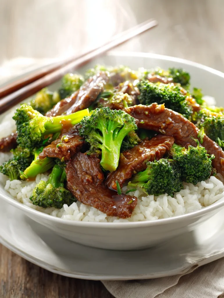 Bowl of Chinese beef and broccoli served over white rice with chopsticks resting on the rim.