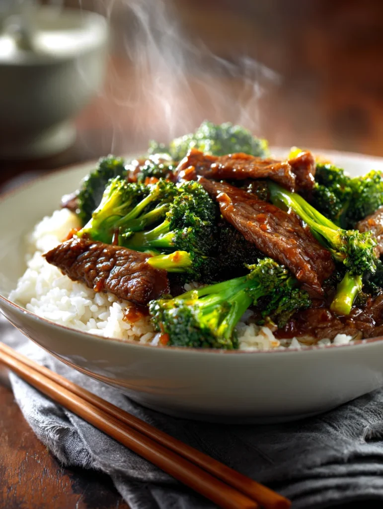 Hot bowl of Chinese beef and broccoli over steamed rice with chopsticks on a dark wooden table.