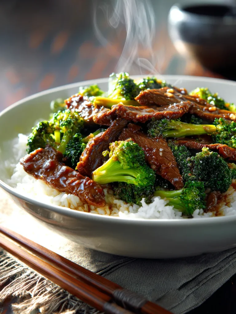 Steaming bowl of Chinese beef and broccoli served over white rice with chopsticks on the side.