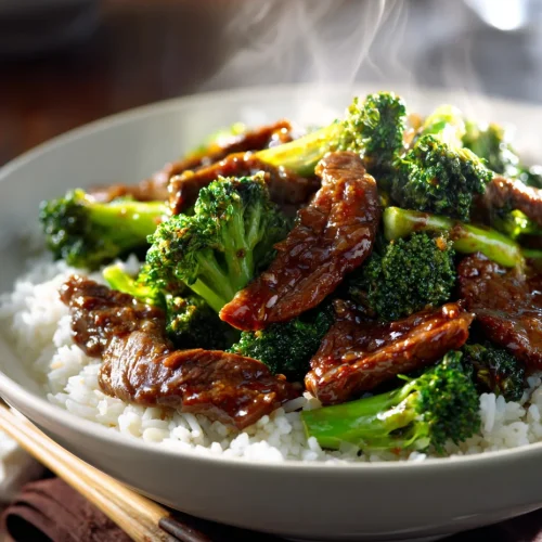 Steaming bowl of Chinese beef and broccoli stir-fry served over white rice with chopsticks on the side.