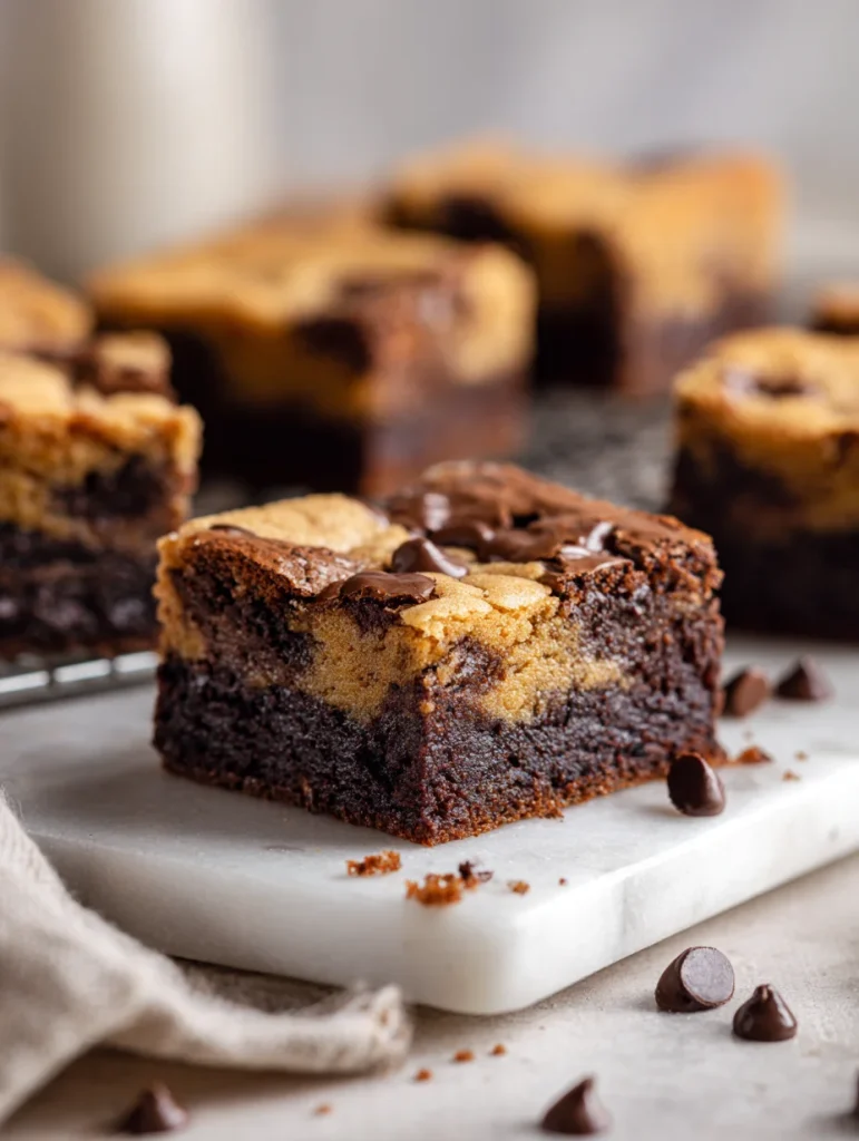 Fudgy chocolate chip cookie brownie square with rich layers of brownie and cookie dough.