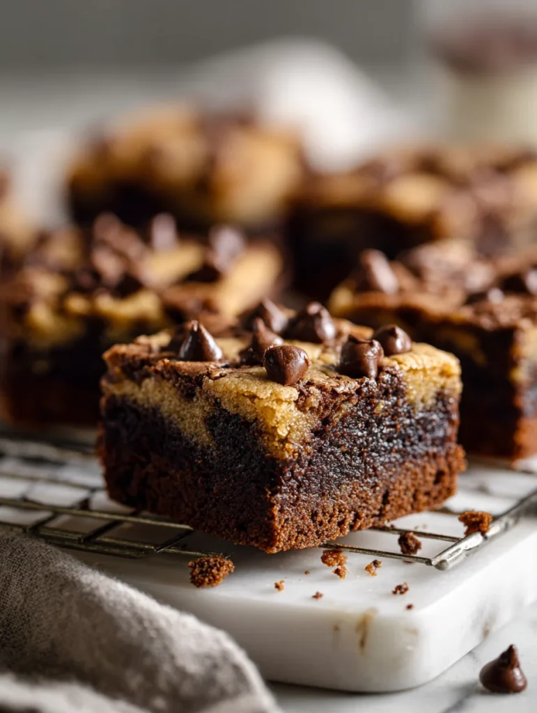 Close-up of a fudgy chocolate chip cookie brownie square topped with melted chocolate chips.