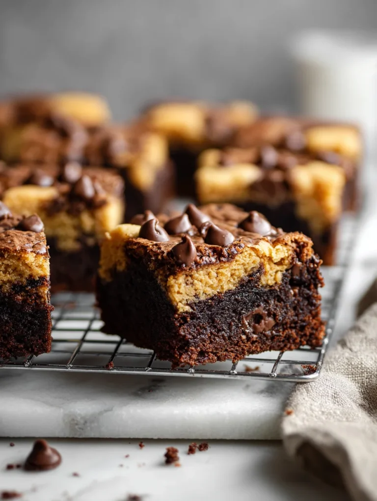 Thick chocolate chip cookie brownies with fudgy layers, cooling on a wire rack.