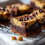 Fudgy chocolate chip cookie brownie bar with gooey chocolate chips and crumbly edges.