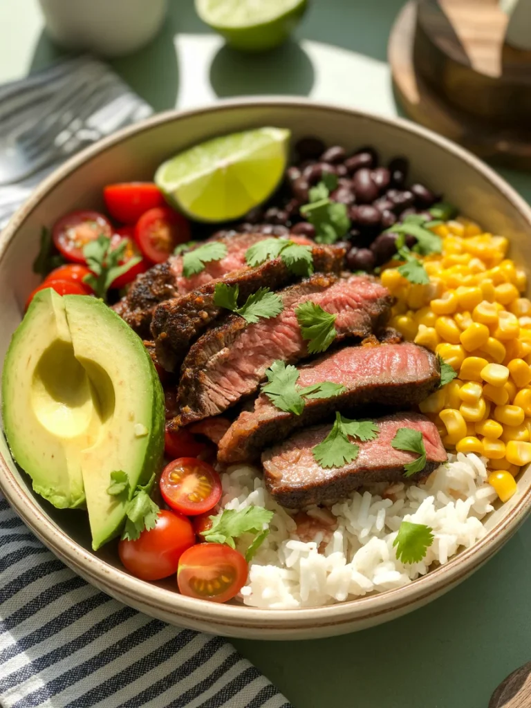 Cilantro lime steak bowl with grilled steak, rice, avocado, corn, black beans, cherry tomatoes, and fresh lime.