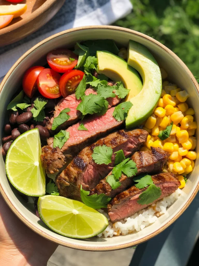 Cilantro lime steak bowl with grilled steak, rice, avocado, corn, black beans, cherry tomatoes, and lime wedges.