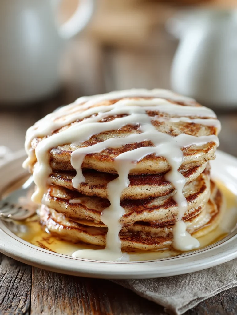 Stack of cinnamon roll pancakes topped with creamy icing and syrup on a plate.