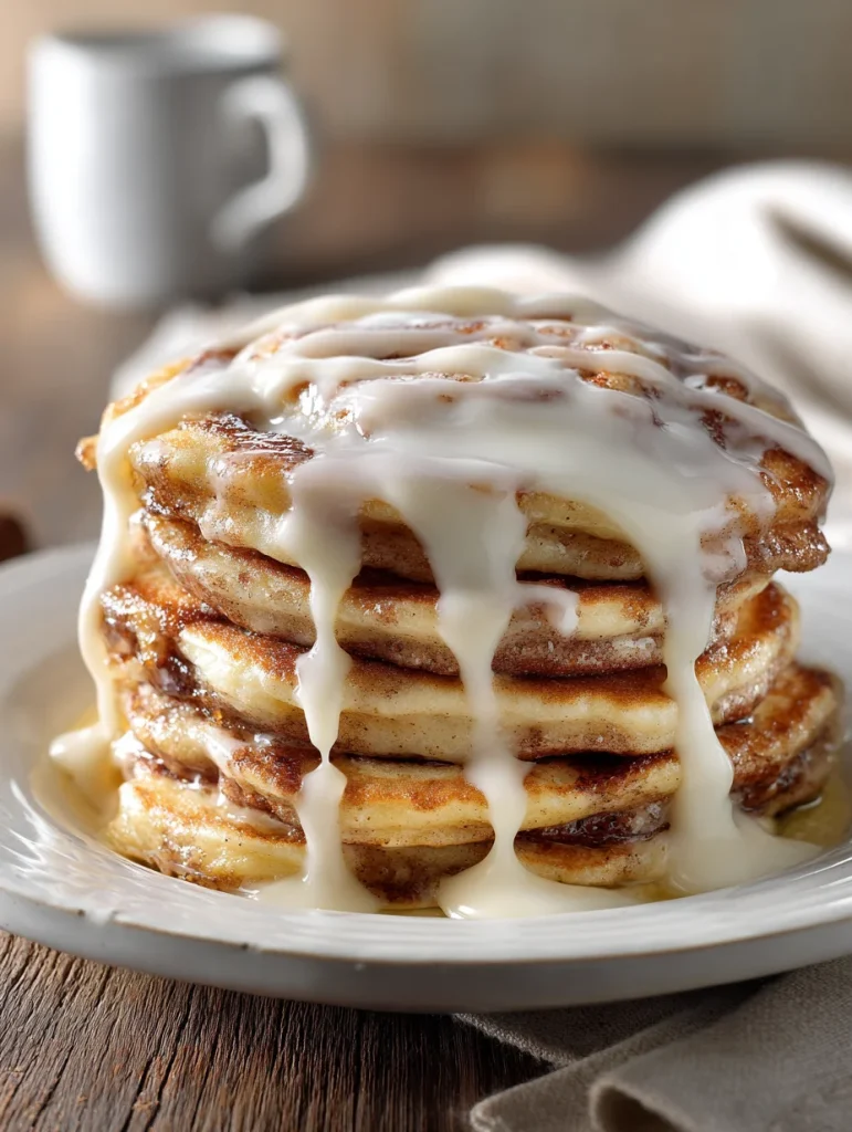 Fluffy cinnamon roll pancakes stacked high and covered with rich cream cheese icing.