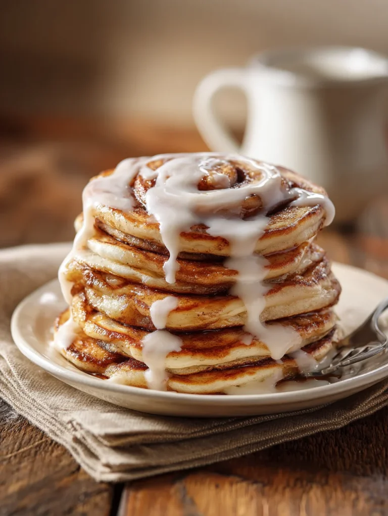 Stack of fluffy cinnamon roll pancakes drizzled with creamy icing on a plate.