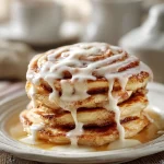 Stack of homemade cinnamon roll pancakes topped with creamy icing and maple syrup.