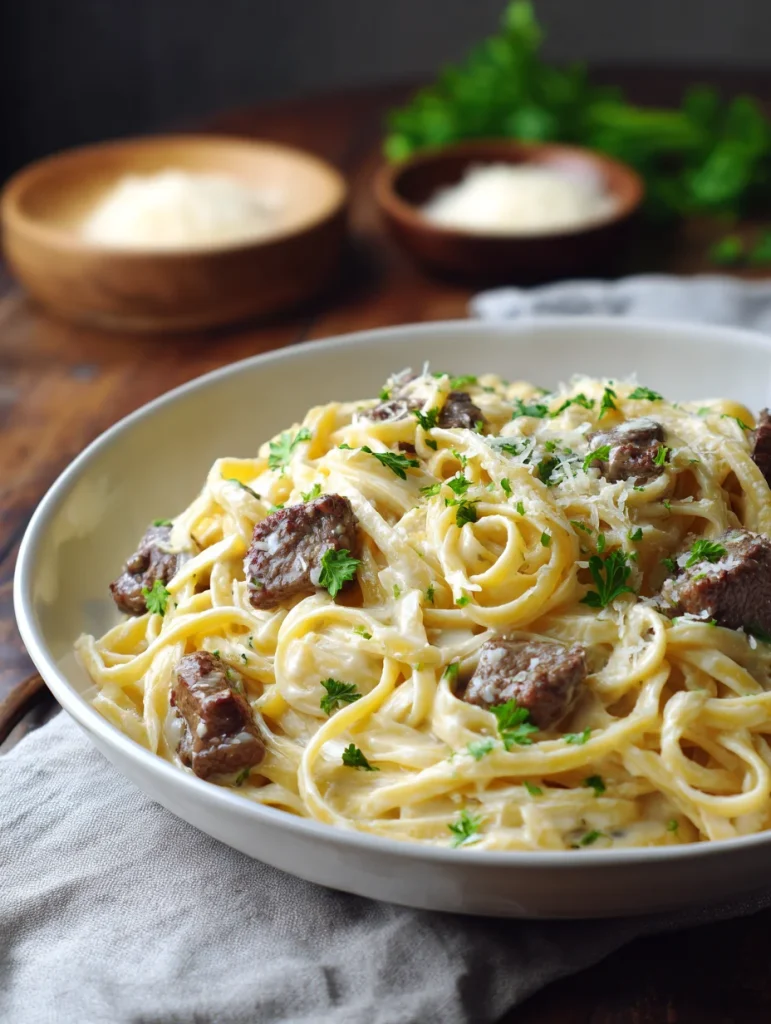 Fettuccine pasta with tender beef in a creamy garlic butter sauce, topped with Parmesan cheese and fresh parsley.