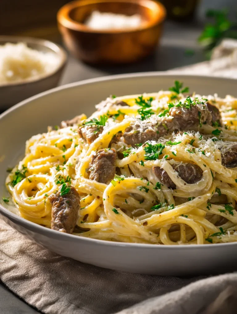 Creamy beef and garlic butter pasta served in a white bowl, topped with fresh parsley and grated Parmesan cheese.