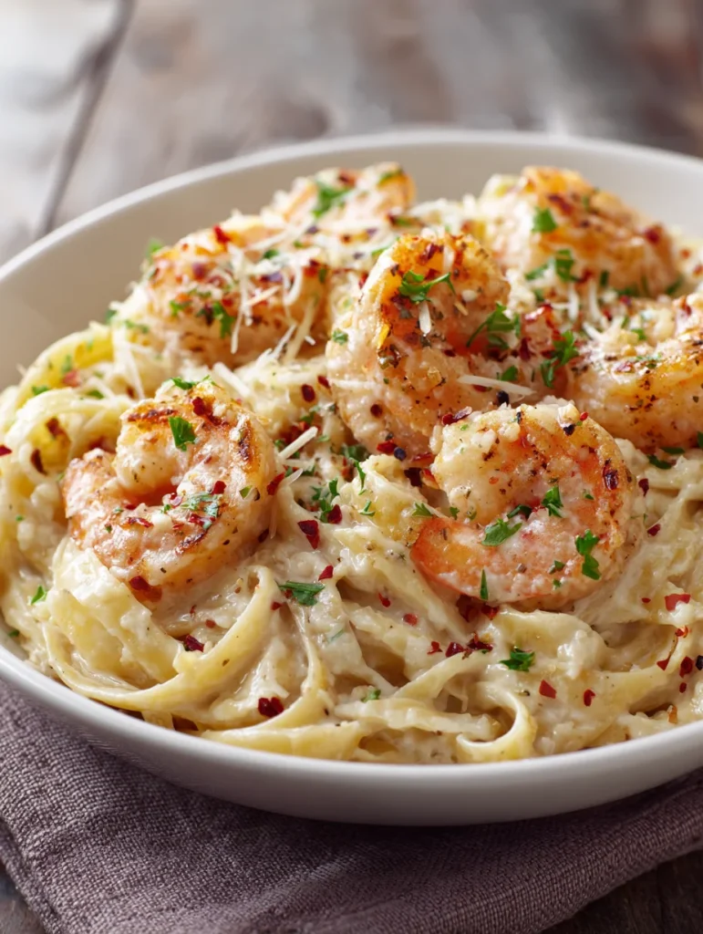Creamy garlic shrimp pasta garnished with parsley, parmesan, and red pepper flakes in a white bowl.