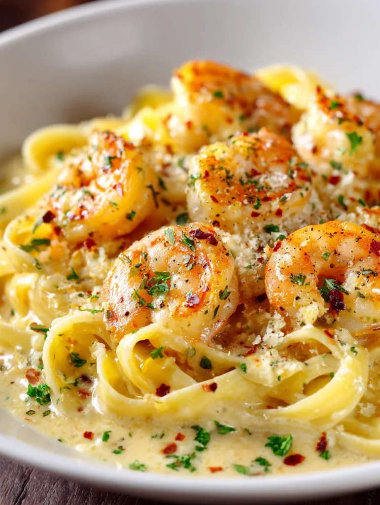 Creamy garlic shrimp pasta with fettuccine, topped with parmesan, parsley, and red pepper flakes.