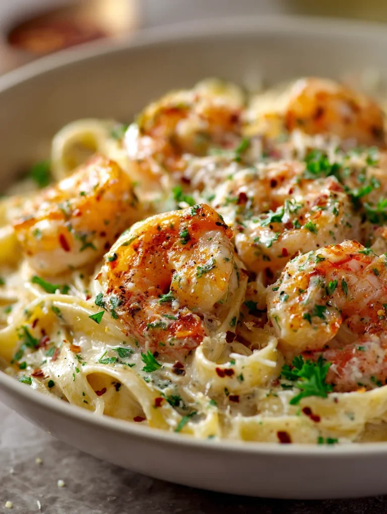 Creamy garlic shrimp pasta topped with parsley and red pepper flakes in a white bowl.