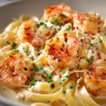 Creamy garlic shrimp pasta with seared shrimp, parsley, and parmesan in a rich white sauce.