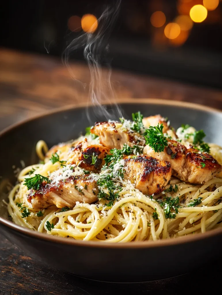 Close-up of garlic butter chicken pasta with juicy grilled chicken, fresh parsley, and grated Parmesan in a dark rustic bowl.