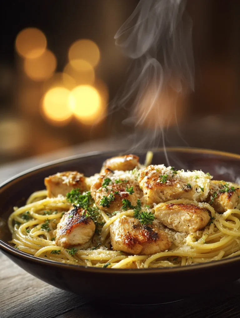 Steaming garlic butter chicken pasta topped with golden seared chicken pieces, fresh parsley, and grated Parmesan cheese in a dark bowl.