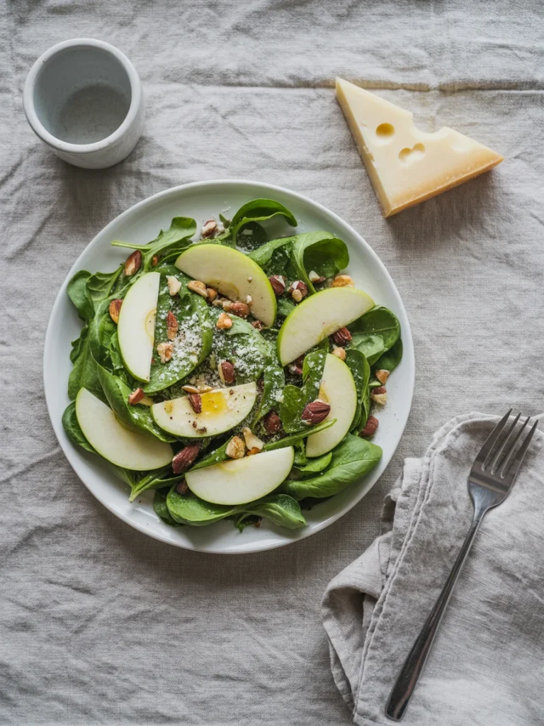 Fresh spinach and green apple salad with nuts, Parmesan cheese, and honey dressing on a white plate.
