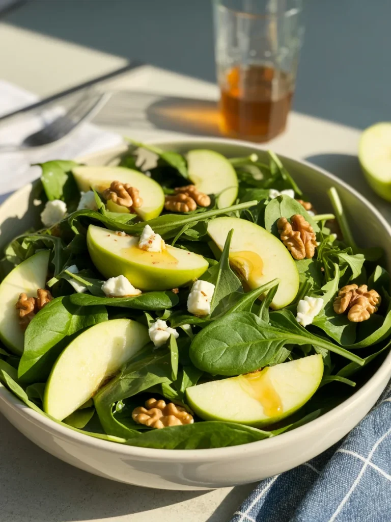 Fresh green apple and spinach salad with walnuts, feta cheese, and honey dressing in a white bowl.
