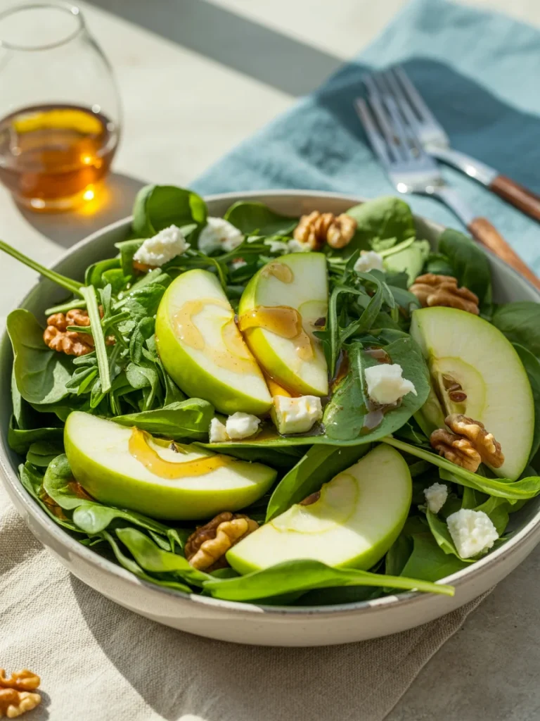Fresh green apple salad with spinach, arugula, walnuts, feta cheese, and honey dressing.