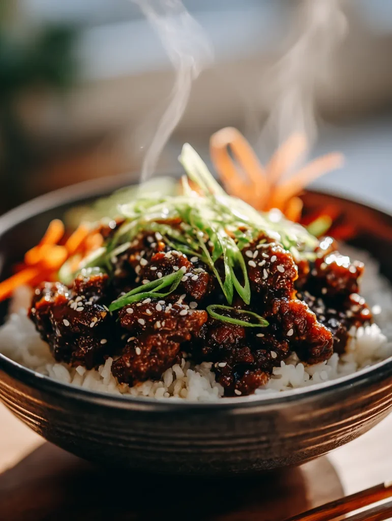 Steaming bowl of hot honey ground beef over rice, topped with sesame seeds, sliced green onions, and carrots.