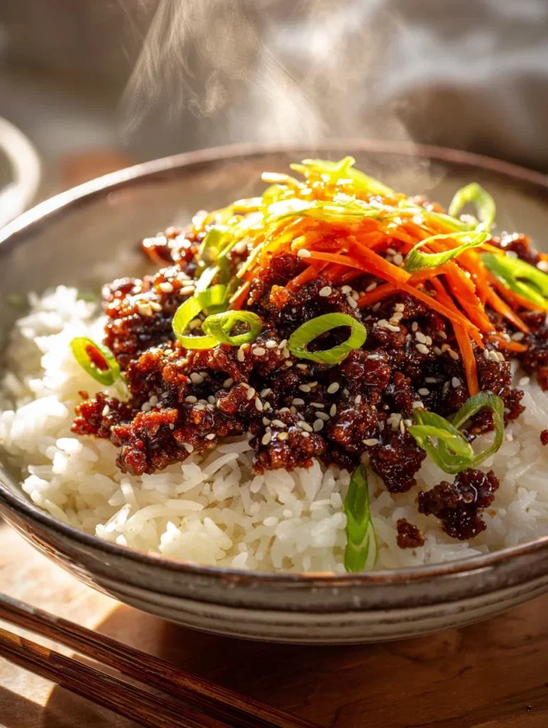 Hot honey ground beef served over rice, topped with shredded carrots, sesame seeds, and green onions with steam rising.