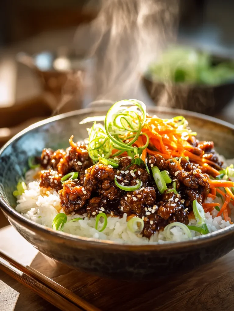 Steaming ground beef hot honey bowl served over rice, topped with shredded carrots, scallions, and sesame seeds.