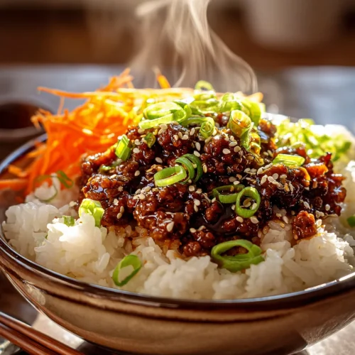 Steaming hot honey ground beef bowl served over white rice, topped with shredded carrots, scallions, and sesame seeds.