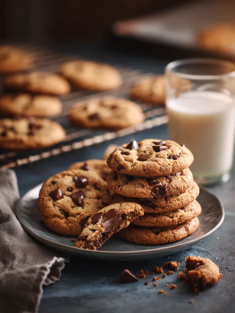 Freshly baked chocolate chip cookies stacked on a plate with melted chocolate chunks and a glass of milk in the background.