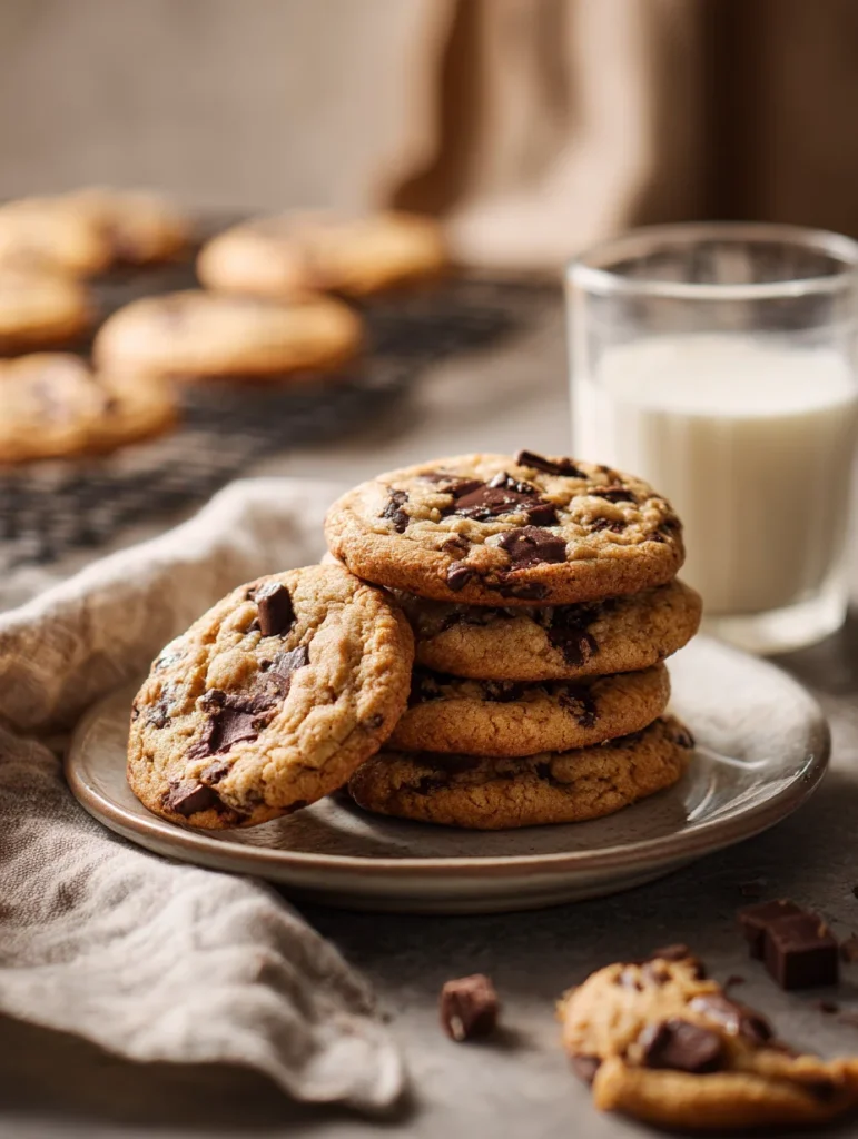 Stack of soft homemade chocolate chip cookies with melted chocolate chunks on a plate beside a glass of milk.