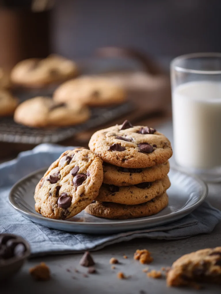 Stack of homemade chocolate chip cookies on a plate with a glass of milk in the background.