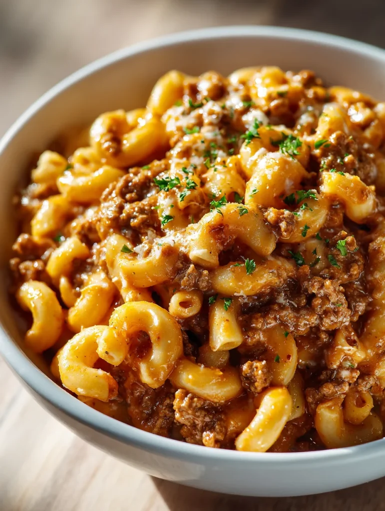 Close-up of homemade hamburger helper with macaroni, seasoned ground beef, and creamy cheese sauce garnished with parsley.