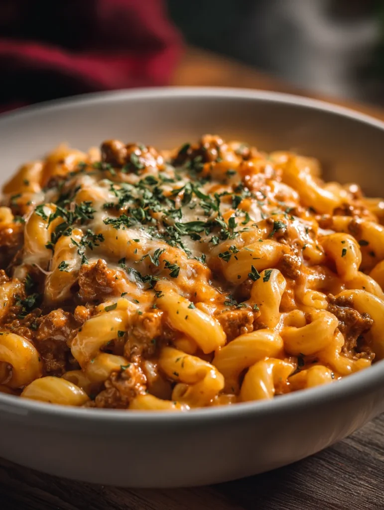Bowl of cheesy homemade hamburger helper topped with melted cheese and fresh herbs.
