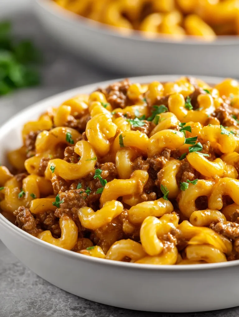 Creamy homemade hamburger helper made with ground beef, macaroni pasta, and melted cheese in a white bowl.