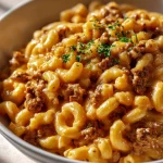 Creamy homemade hamburger helper with cheesy sauce and ground beef served in a white bowl.
