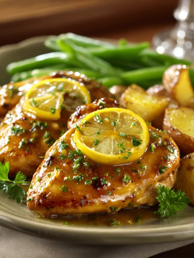 Honey Dijon chicken breasts topped with lemon slices and herbs, served with roasted potatoes and green beans.