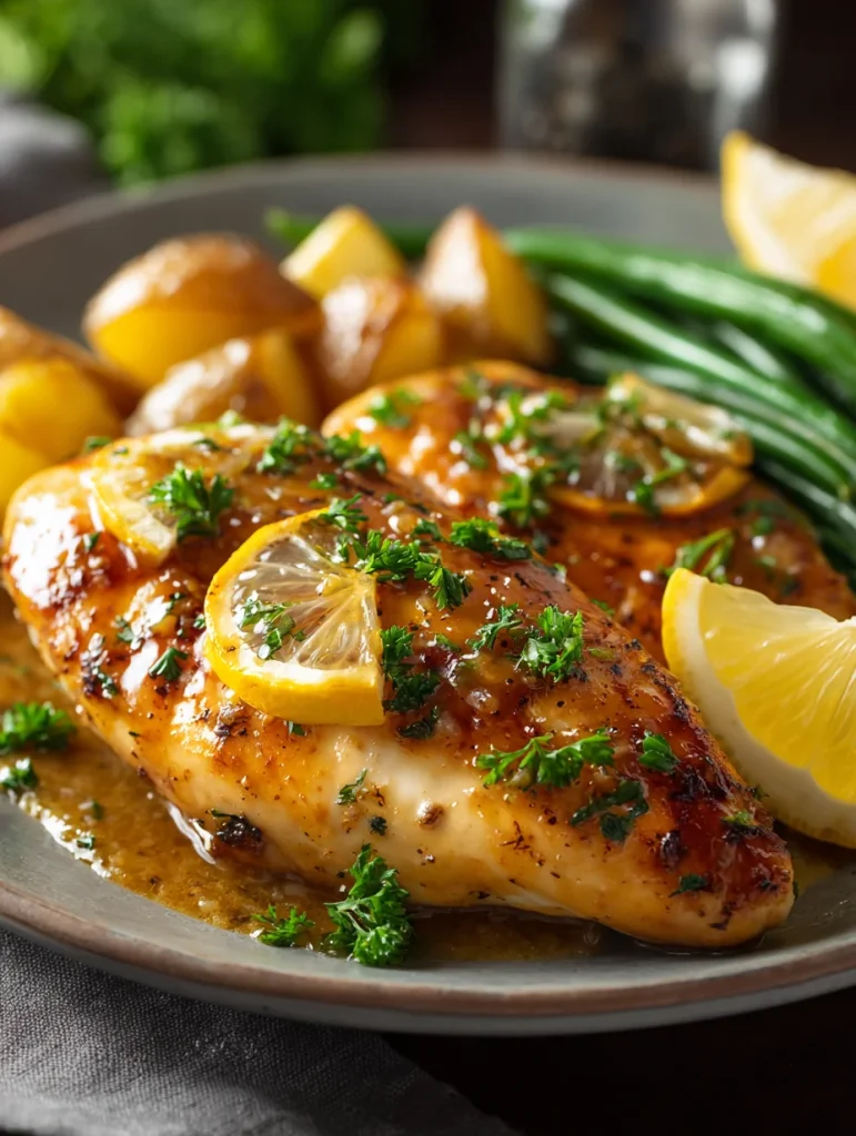 Honey Dijon chicken breast topped with lemon slices and parsley, served with roasted potatoes and green beans.