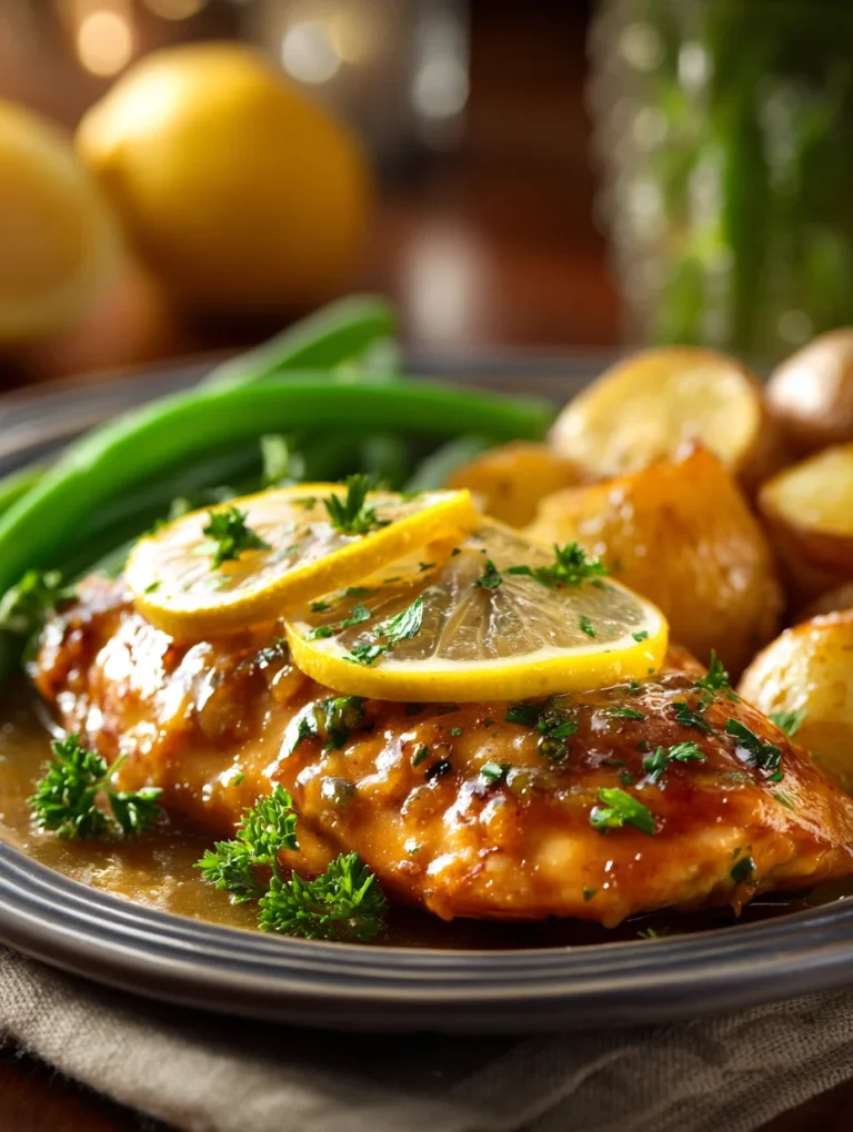 Honey Dijon chicken served with roasted potatoes, green beans, and lemon slices on a plate.