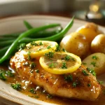 Honey Dijon chicken breast topped with lemon slices and parsley, served with baby potatoes and green beans.