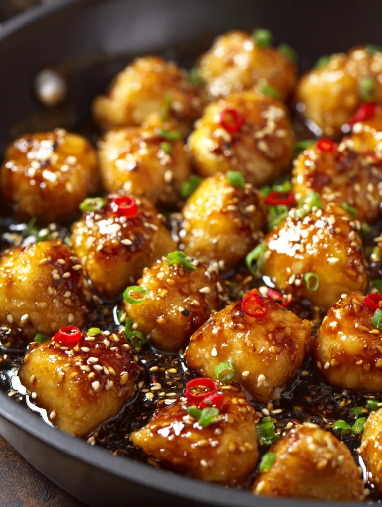 Golden honey garlic chicken bites simmered in a sticky glaze with sesame seeds, sliced red chili, and green onions.