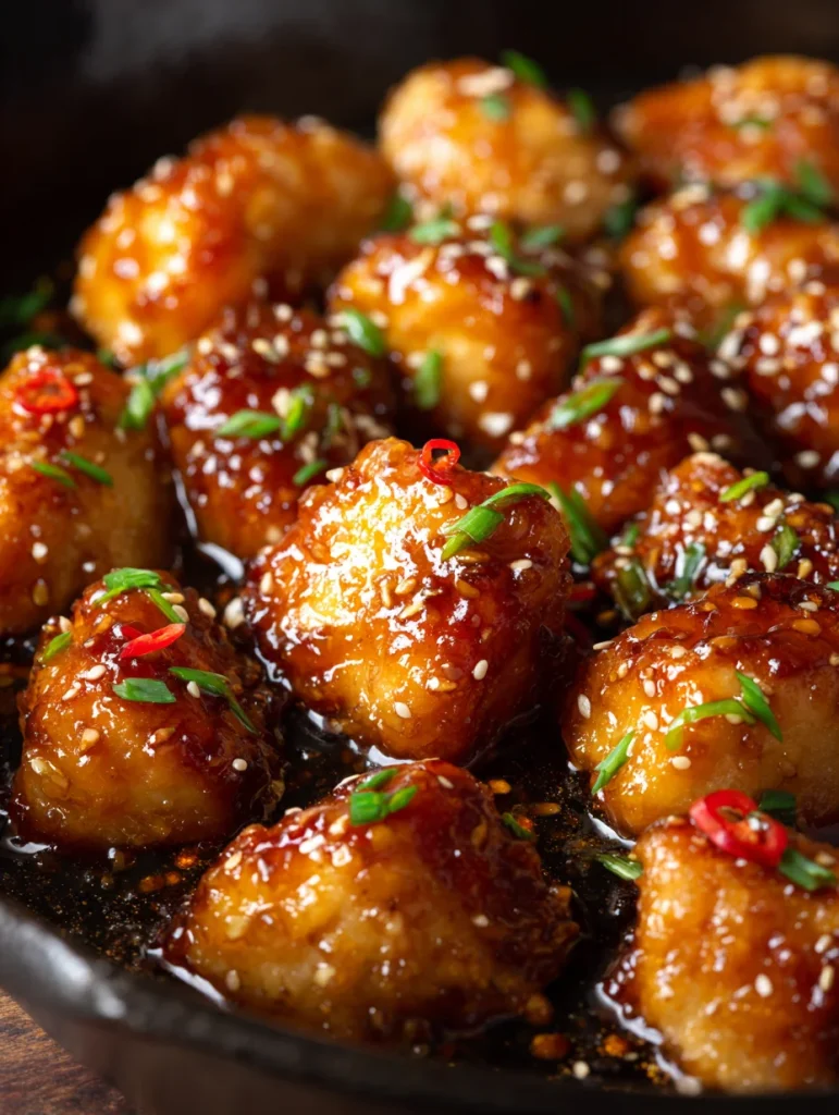 Sticky honey garlic chicken bites topped with sesame seeds, sliced red chili, and green onions in a rich caramelized glaze.
